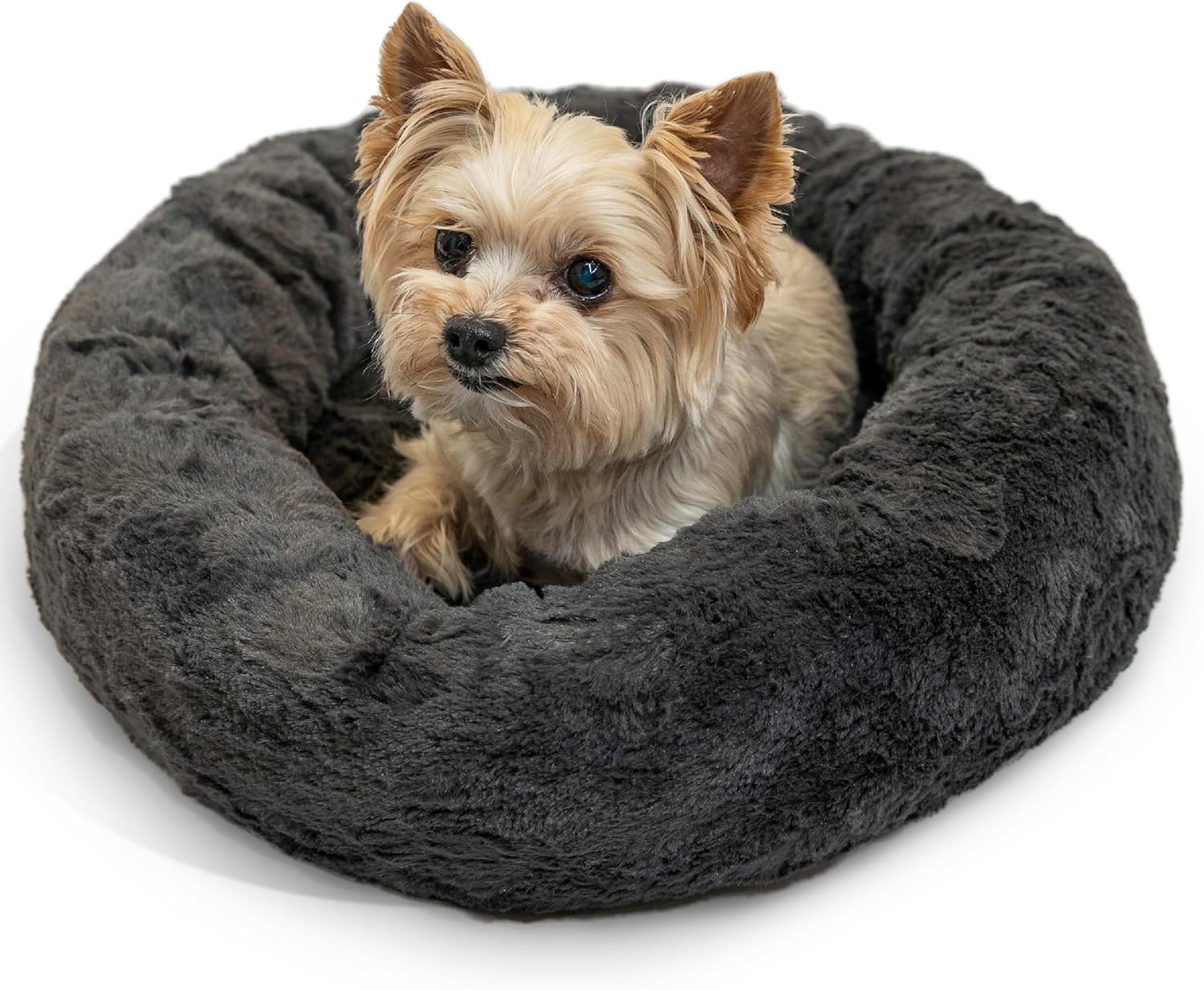 Best Friends by Sheri Original Calming Donut Dog and Cat Bed, Lux Faux Fur, Mink Dark Gray, XS (18in x 18in) - Anxiety Relief for Pets Up to 10 lbs