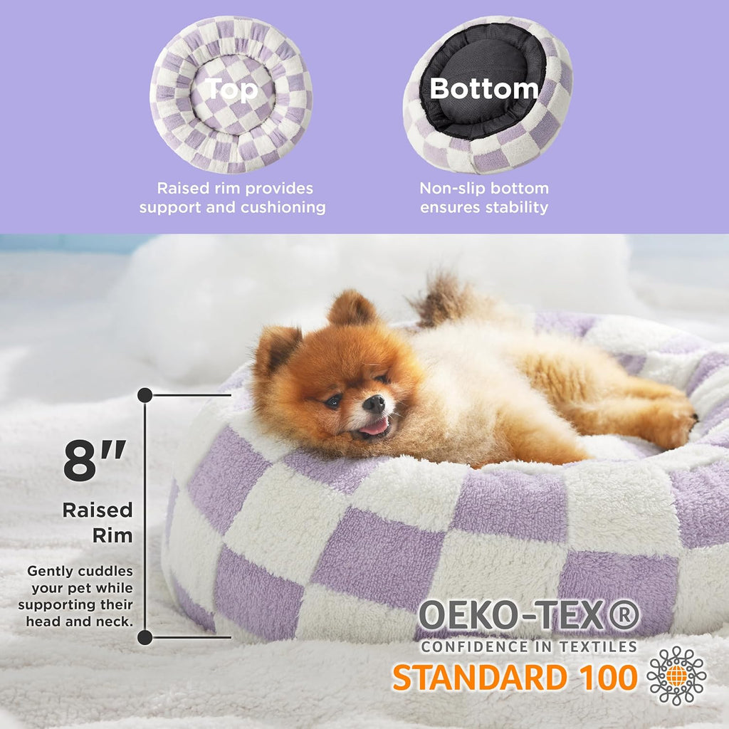 LE SURE Donut Small Dog Bed - Round Cat Beds for Indoor Cats Calming Pet Beds, Cute Modern Beds with Jacquard Shaggy Plush & Anti Slip Bottom, 23 Inch, Purple
