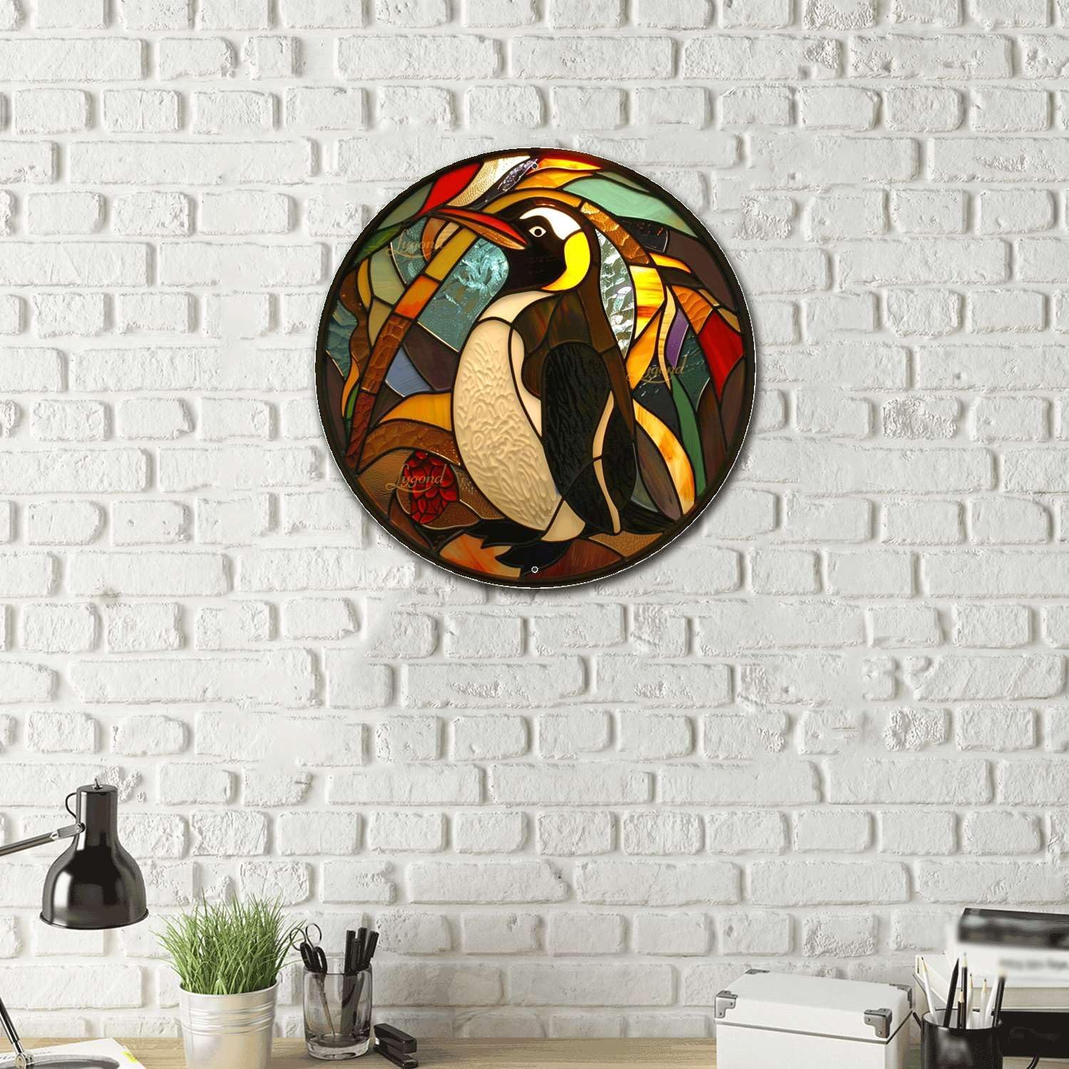 Lygond Metal Penguin Sign - Circular Stained Glass Design, 88 Inches