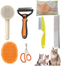 Cat Grooming Brush Kit 6 Tools - Deshedding & Dematting for Long/Short Hair, Self-Cleaning Slicker Brush with 6-in-1 Flea Comb for Cats & Kittens (Orange)