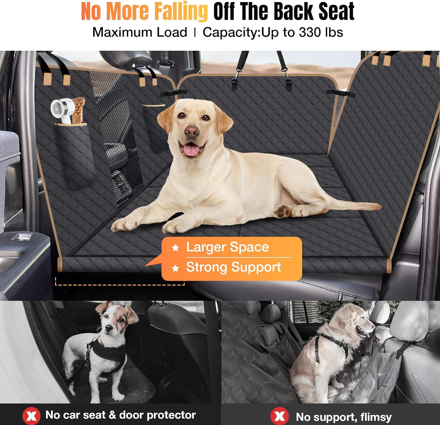 Dog Car Seat Cover for Back Seat, Larger Dog Car Bed Cover with Hard Bottom, Backseat Extender Hammock for Full SizeTruck/SUV 8 Panels - Black