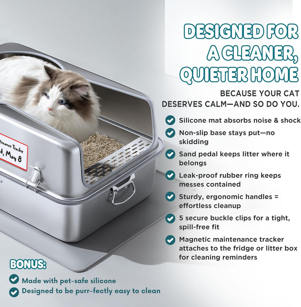 XL Metal Cat Litter Box with Lid – Non-Stick, Odor Control, Stainless Steel, Rust-Resistant, High-Sided – Easy to Clean with Handles, No-Slip Base, Leak-Proof Seal, 5 Clips, Cleaning Tracker