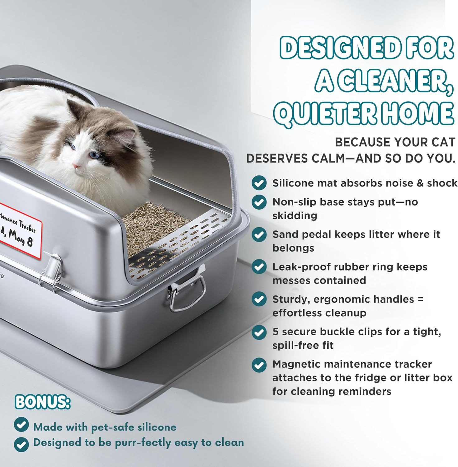 XL Metal Cat Litter Box with Lid – Non-Stick, Odor Control, Stainless Steel, Rust-Resistant, High-Sided – Easy to Clean with Handles, No-Slip Base, Leak-Proof Seal, 5 Clips, Cleaning Tracker