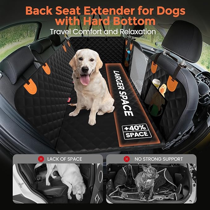 Back Seat Extender for Dogs - Hard Bottom,Waterproof Dog Car Seat Cover for Back Seat Holds 450 lbs - Detachable, Scratch-Proof and Anti-Slip Dog Hammock for Cars, SUVs and Trucks, Bk+ORG