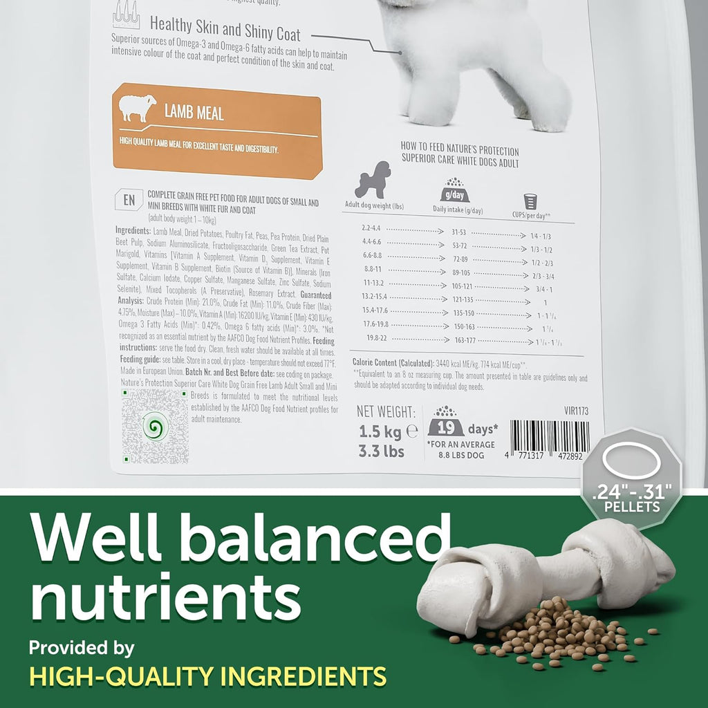 Nature's Protection Grain Free Dry Dog Food for Small Breed - High Protein, Tear Stain Diet for Adult Dogs with Light Fur, Small Bites Kibble (Superior Care - Lamb, 22 lb)