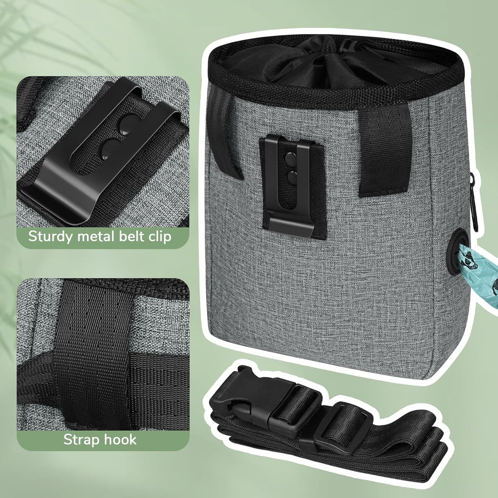 Upgraded large-sized Dog Treat Pouch with waist clip - Fashionable Green&Grey Design - Large Capacity Dog Treat Bag for Dog Walks,Outdoor Activities, Travel and Training - Includes 1 Poop Bags