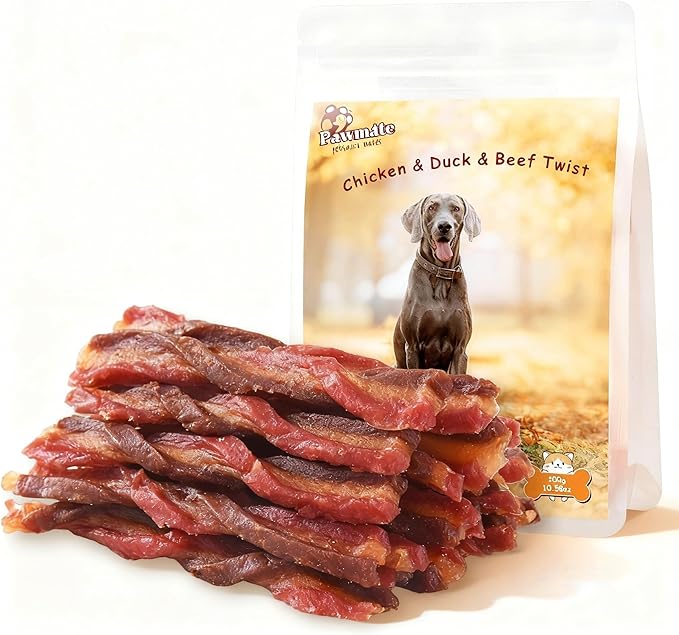 Triple Flavored Dog Treats Chicken, Duck & Beef Twists, Healthy Low Fat Dog Jerky Chews, High Protein Training Treats Snacks for Small Medium Large Breed, 10.6 oz