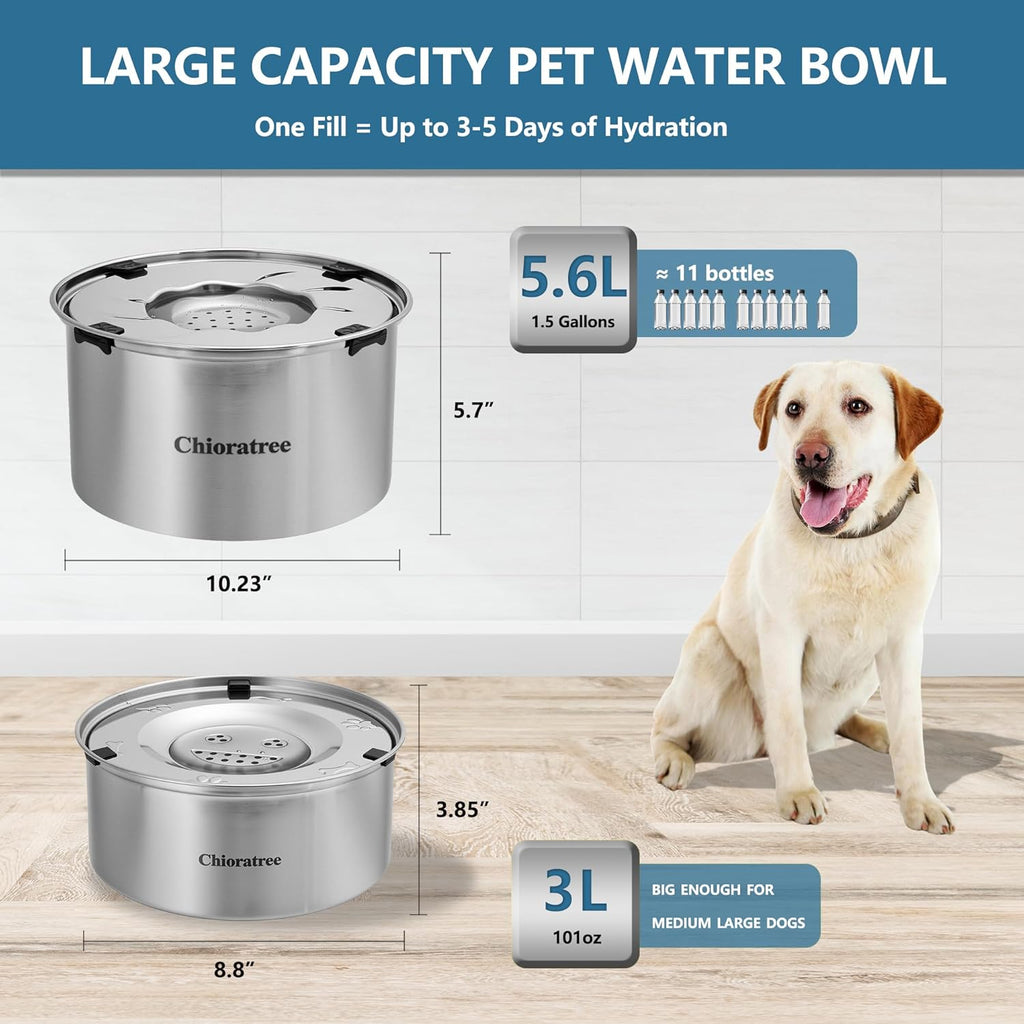 Dog Water Bowl No Spill,3L/101oz Large Spill Proof Water Bowl for Dogs, Stainless Steel Slobber Stopper Slow Drinking Dog Bowl Anti Splash Pet Water Dispenser for Messy Drinkers