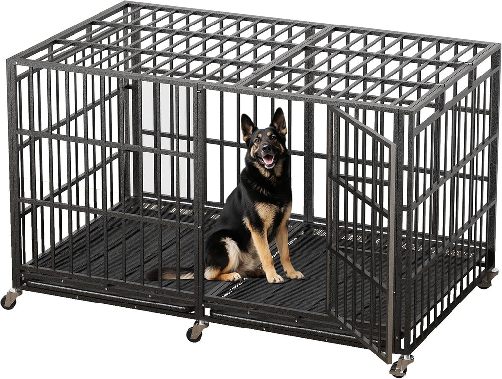 78 Inch Heavy Duty Indestructible Dog Crate Steel Escape Proof, Indoor Double Door High Anxiety Cage, Kennel with Wheels,Removable Tray,Extra Large Dogs XL XXL XXXL