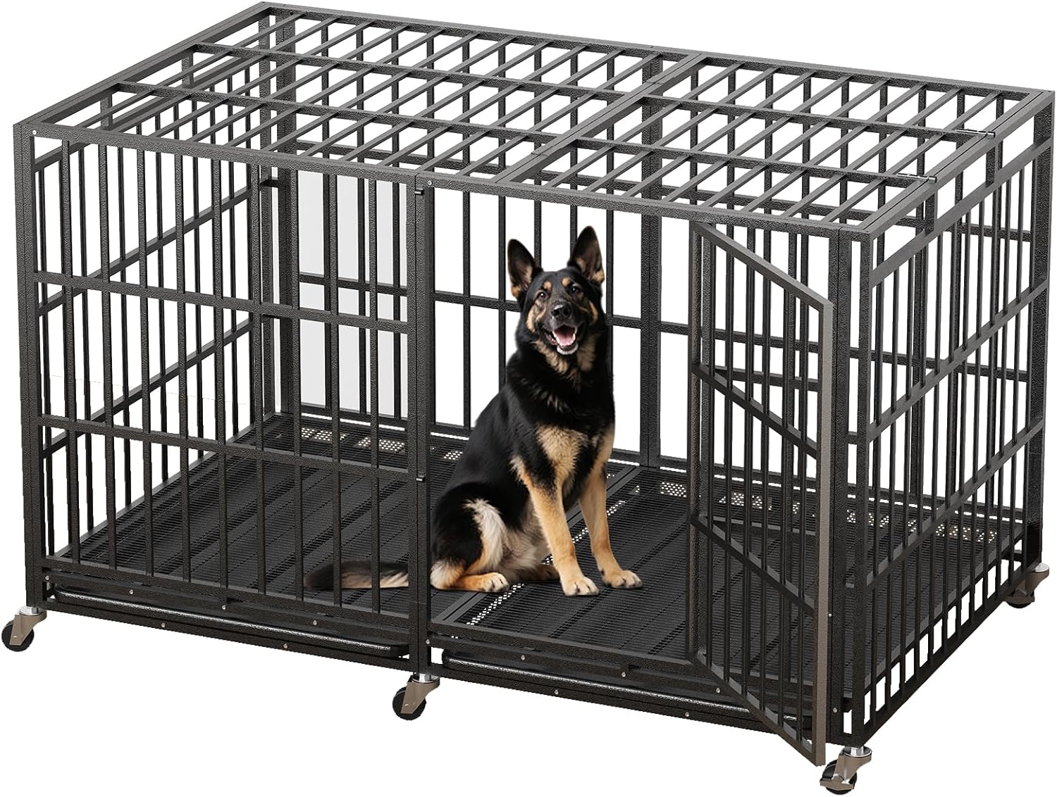 78 Inch Heavy Duty Indestructible Dog Crate Steel Escape Proof, Indoor Double Door High Anxiety Cage, Kennel with Wheels,Removable Tray,Extra Large Dogs XL XXL XXXL