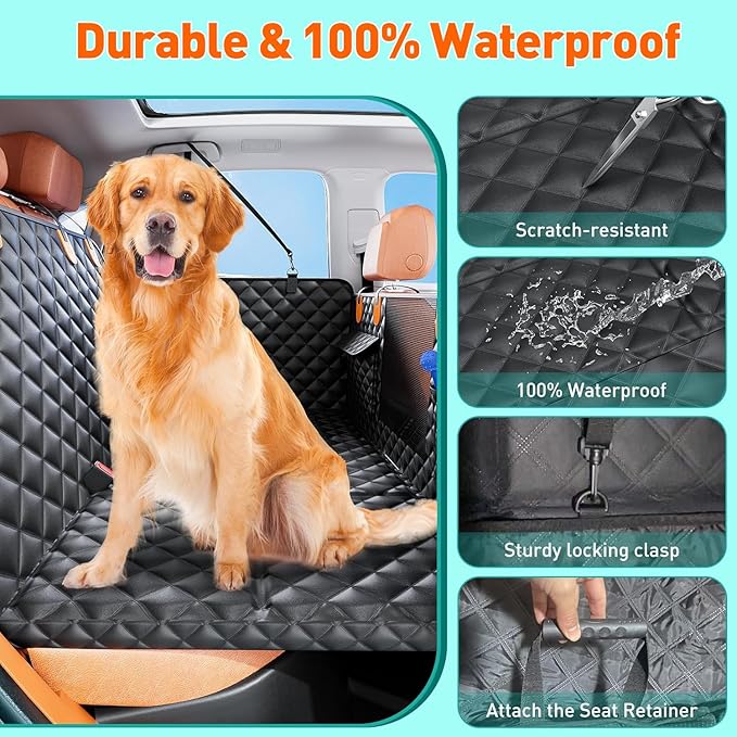Ultra Thick Hard Bottom Dog Car Seat Cover for Back Seat, Waterproof Dog Hammock for Car with Mesh Window & Pocket, Pet Rear Seat Cover Protector Holds 400lbs for Car SUV