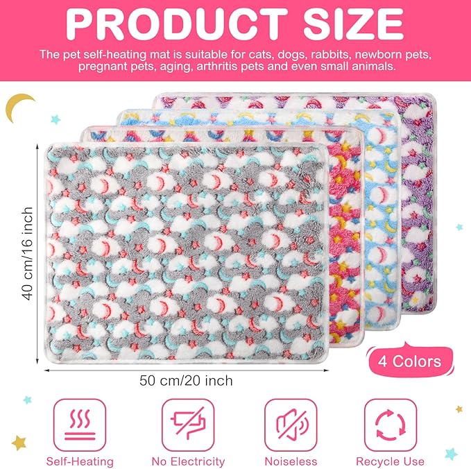 4 Pack Self Heating Cat Bed Cat Self Warming Pad with Removable Cover Extra Warm Thermal Pet Pad Washable Pet Crate Mat Anti Slip Kennel for Indoor Outdoor Pets(Stars Moon,16 x 20 Inches)