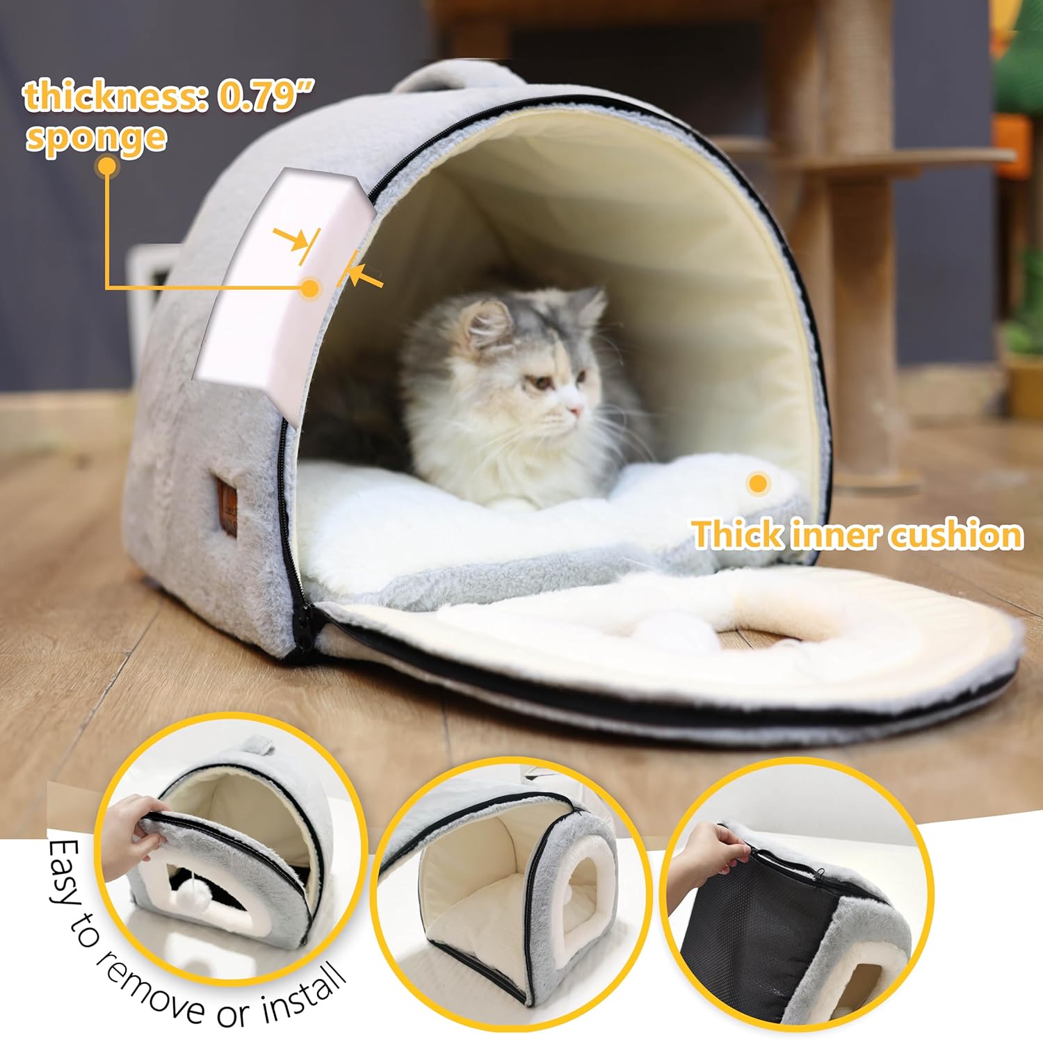 Cat Bed for Indoor Cats，Foldable cat cave，Anti-Slip & Water-Resistant Bottom，cat Houses for Indoor Cats or Small Dogs, Kitten Tent, Rabbit Bed，2 in 1 pet Bed (Grey)