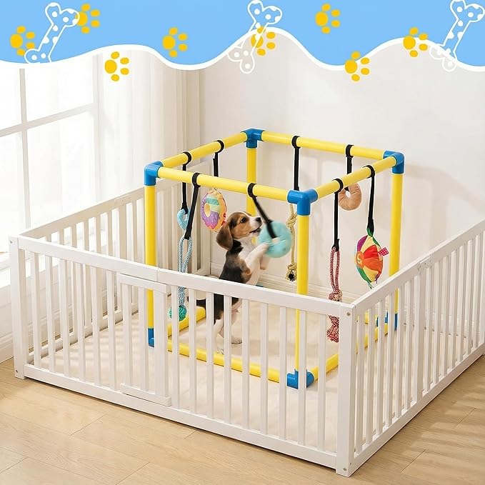 Soulchen Puppy Play Gym with 8 Hanging Toys, Small Dogs Enrichment Interactive Toys 16.5 Inch Pets Indoor Jungle Gym PVC Frame with Bungee Straps Enrichment Activity Center