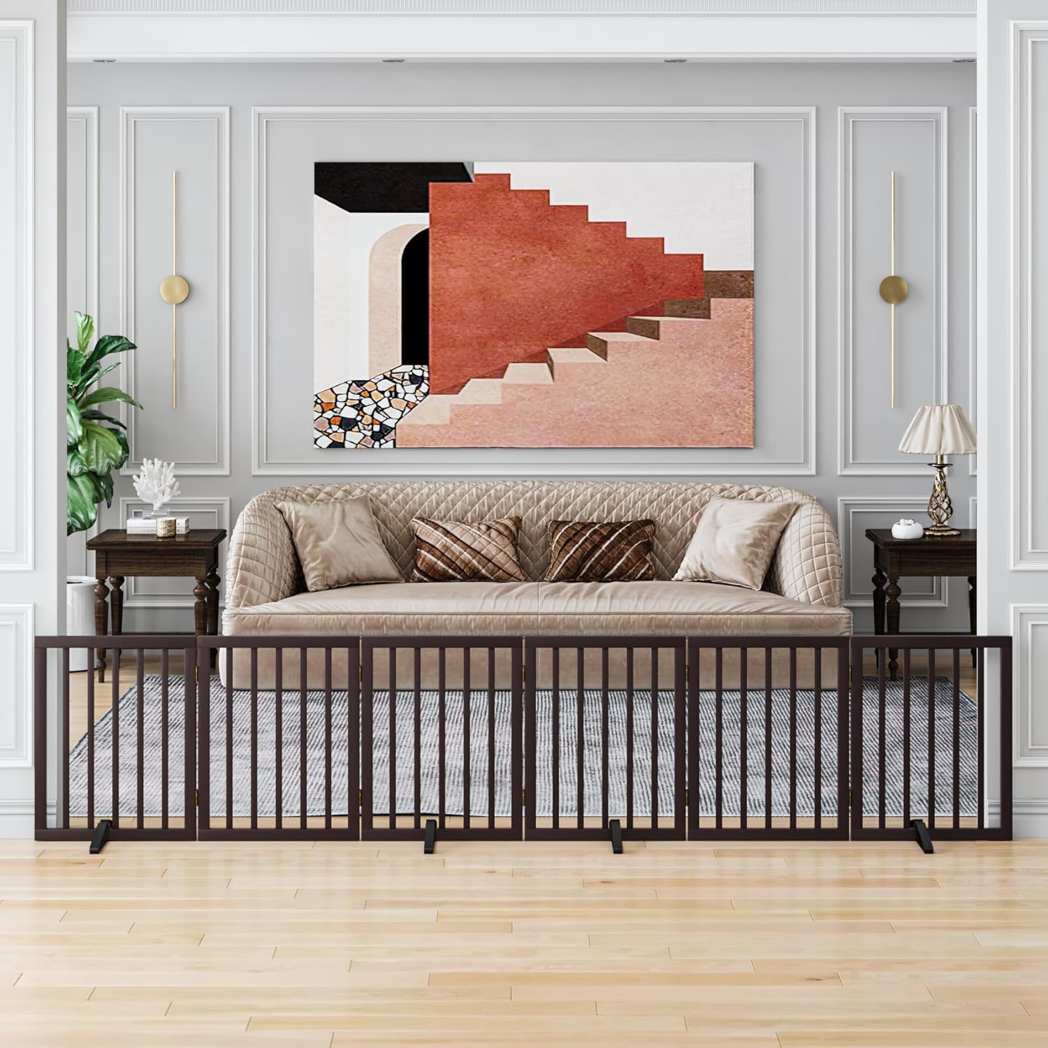 Dog Gates for The House Doorways Extra Wide 110 Inches Wood Freestanding Pet Gates for Dogs Indoor Fence with Support Stands