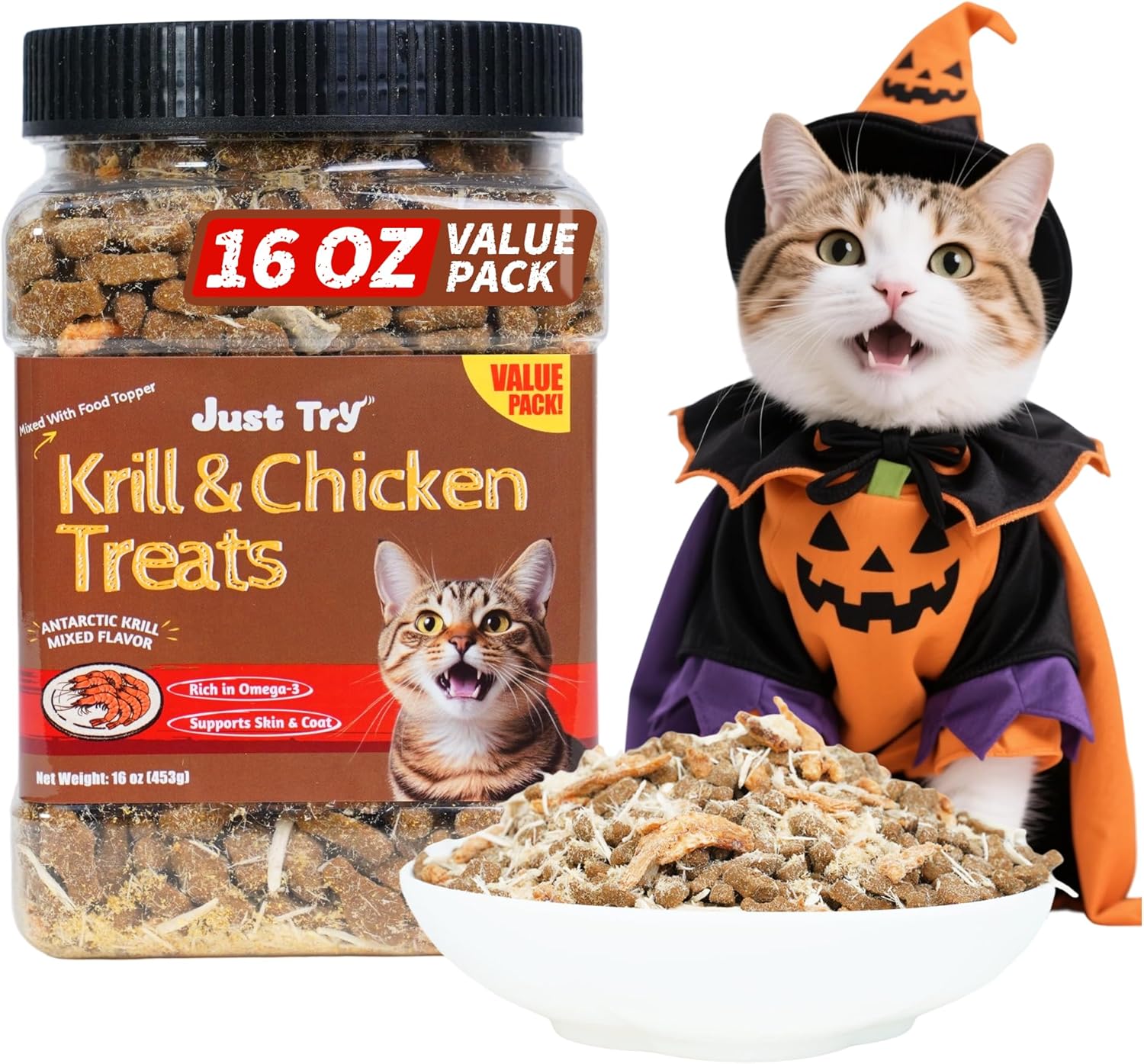 Just Try 16 OZ Krill & Chicken Cat Treats - Freeze-Dried Shrimp Snacks with Omega-3, Crunchy Cat Treats for Skin & Coat Health, Dental Care & Training Treats