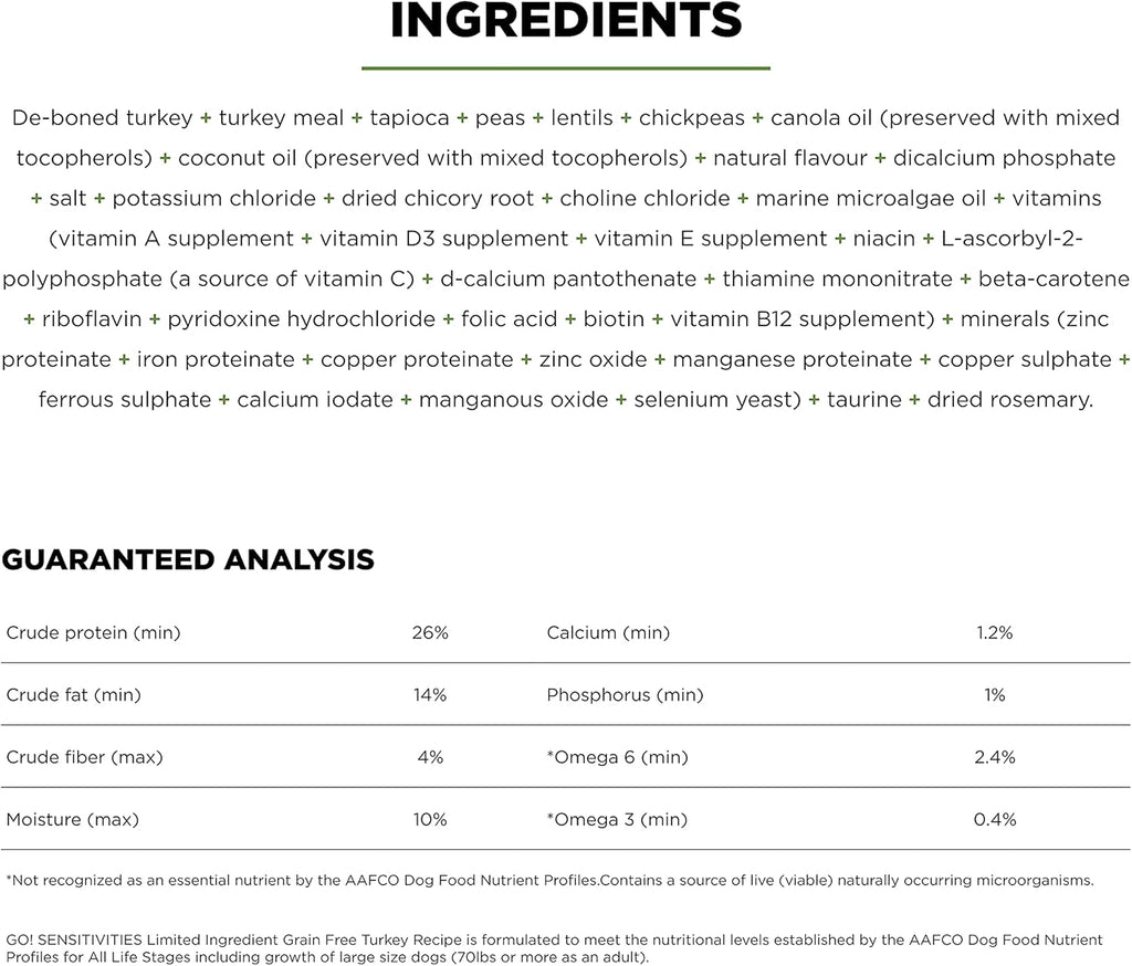 Go! Solutions Sensitivities Limited Ingredients, Grain-Free Dry Dog Food, Turkey Recipe for Sensitive Stomach, 22 lb Bag