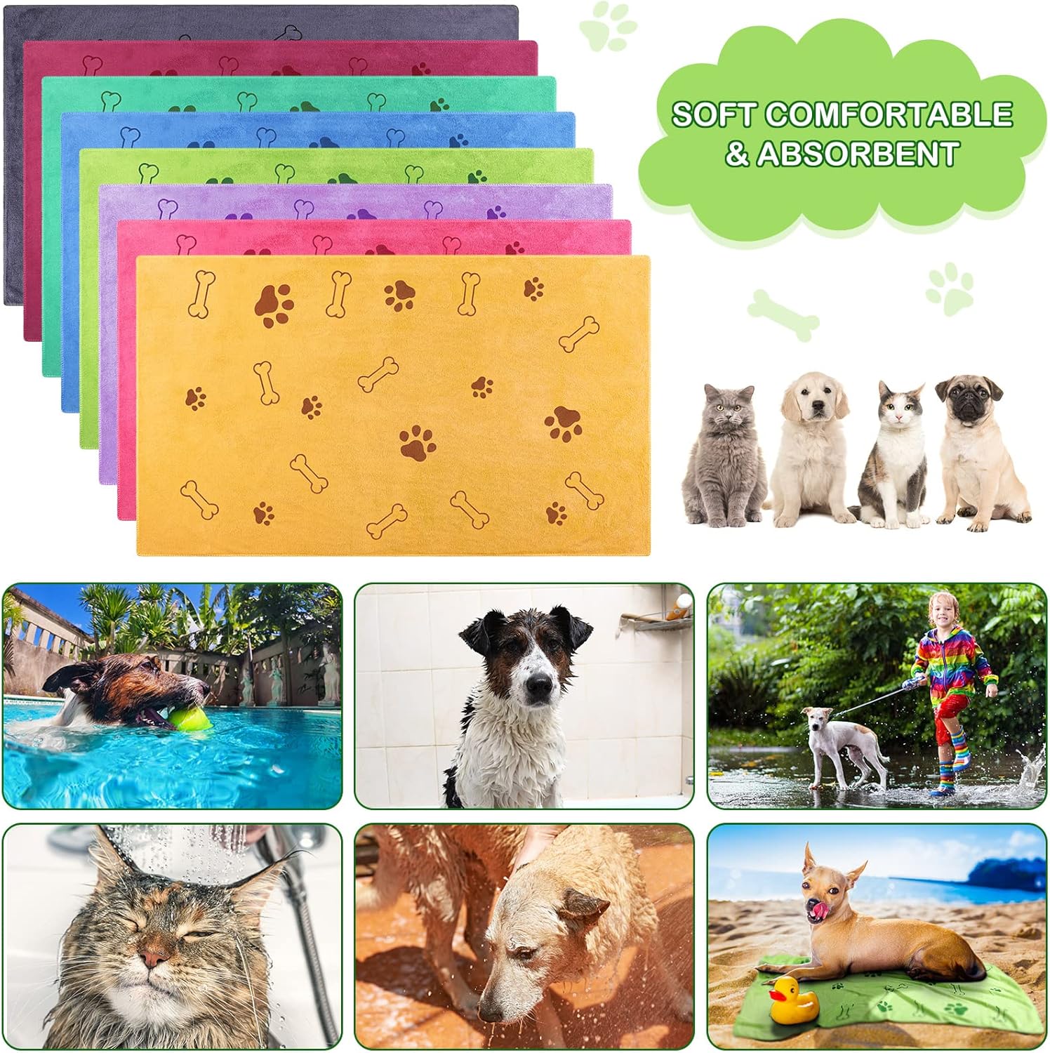 Chumia 8 Pcs Dog Towels for Drying Dogs Cats Pet Towels Bulk Puppy Microfiber Quick Drying Paw Bath Bathing Supplies Absorbent for Medium Pets(Colorful,18 x 28 Inch)