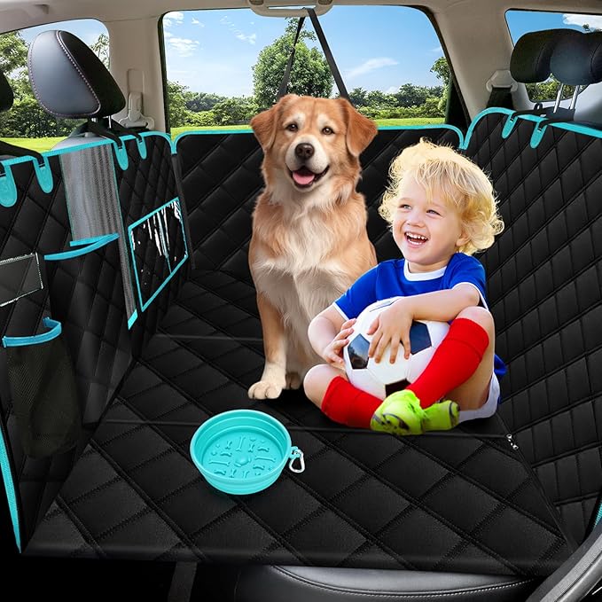Dog Car Seat Cover for Back Seat, Car Seat Protector for Dogs, Hard Bottom Supports 450 lbs, Triple Waterproof, Non-Slip, Exclusive Zipper Design for Child Seat & Dog Seat Belt