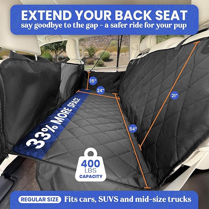 4Knines Hard Bottom Back Seat Extender for Dogs – Waterproof Dog Car Seat Cover – Heavy Duty Backseat Protector for Cars, SUVs, Trucks – Built-in EZ Open Door Protector (Camo, Regular)