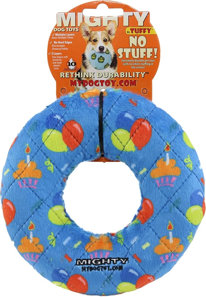MIGHTY- NO Stuff Ring - Squeaky Plastic Core. 2-in-1 Toy. Made Durable, Strong & Tough. Interactive Play (Tug, Toss & Fetch). It Floats (Celebration, Medium 2 Pack)