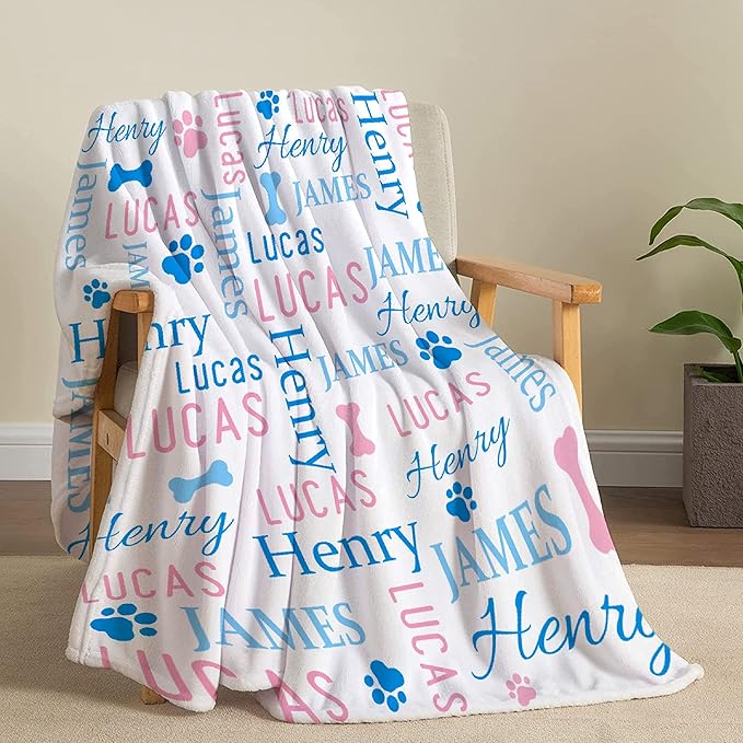 Personalized Dog Blanket - Custom Puppy Throw With Pet's Name and Cute Paw Print, Fluffy for Medium Dogs, S 50"x40"