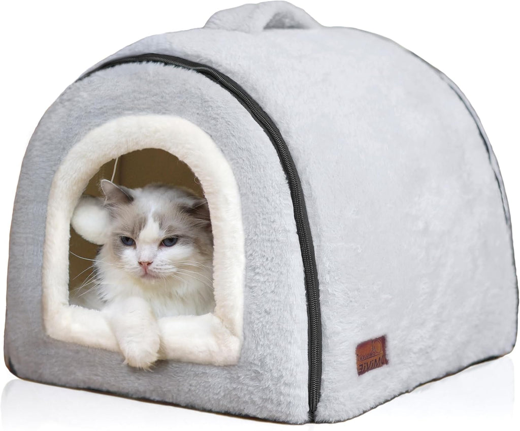 Cat Bed for Indoor Cats，Foldable cat cave，Anti-Slip & Water-Resistant Bottom，cat Houses for Indoor Cats or Small Dogs, Kitten Tent, Rabbit Bed，2 in 1 pet Bed (Grey)