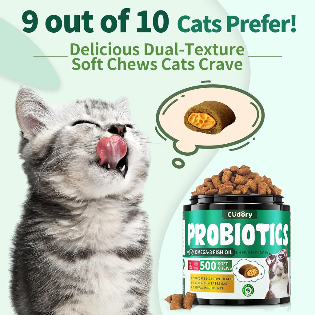 Cat Probiotics Tasty Chews for Digestive & Gut Support - Crunchy & Creamy Texture - Cat Gut Health, Constipation Relief, Healthy Stool, Natural Supplement for Cats, Chicken Flavor - 500 Chews