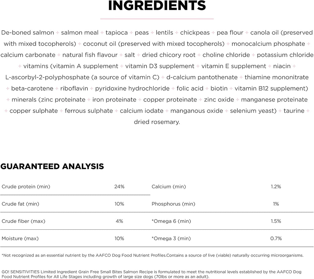 Go! Solutions Sensitivities Limited Ingredients, Grain-Free Dry Dog Food, Small Bites Salmon Recipe for Sensitive Stomach, 6 lb Bag