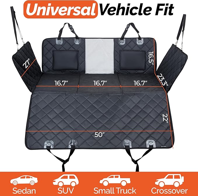 Dog Car Seat Cover for Back Seat, Hard Bottom Holds 500LBS, Back Seat Extender for Dogs for SUV, Car, Dog Seat Cover for Back Seat, Waterproof Backseat Pet Cover for Dogs, Mesh Window, Storage Pockets