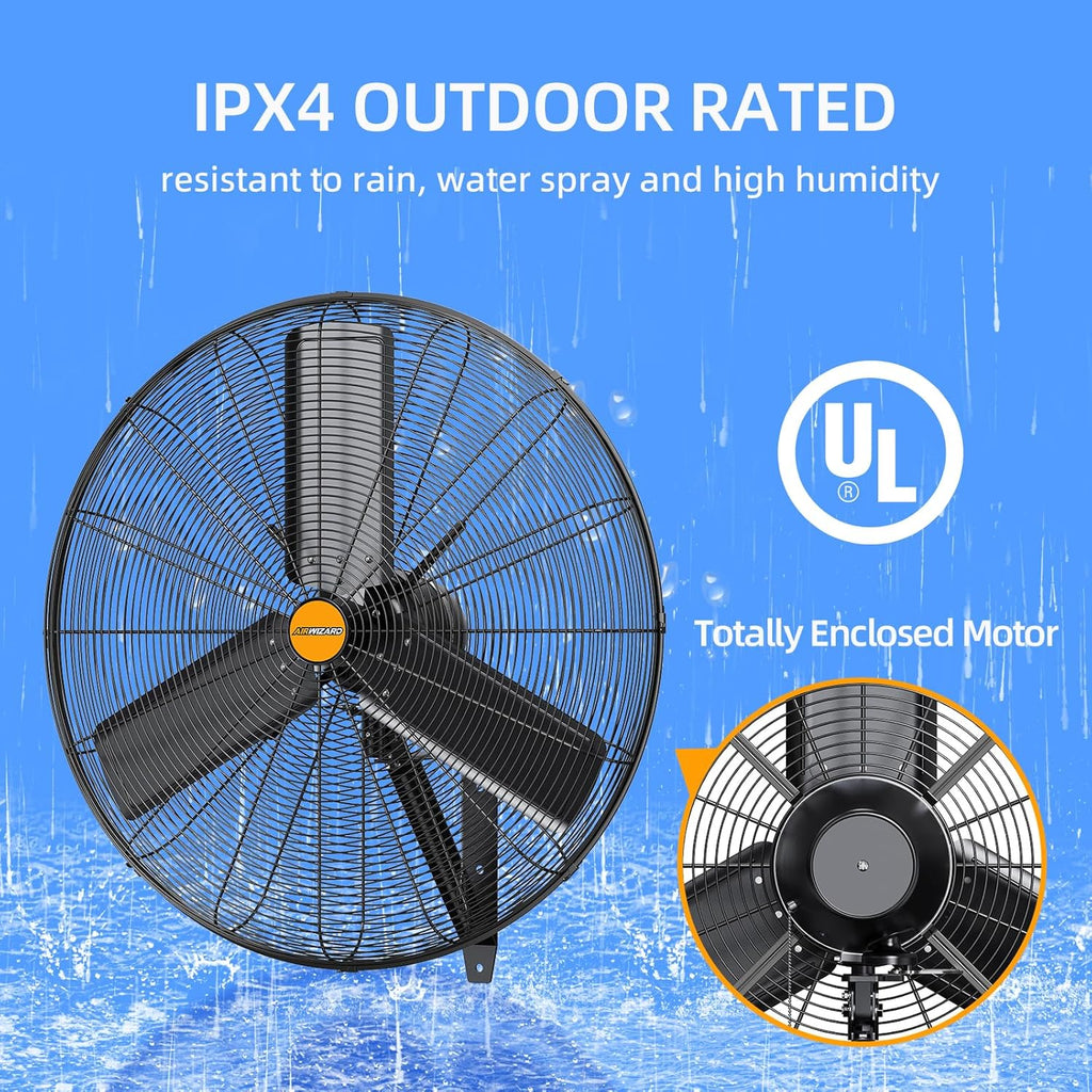 24 inch Outdoor Oscillating Wall Mounted Fan, High Velocity IPX4 Waterproof 7600 CFM Industrial Metal Wall Fan, 2 Speed, Adjustable Tilt, for Greenhouse, Patio, Garage, Workshop