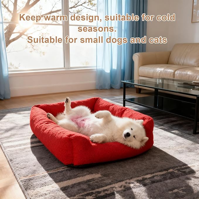 Pssopp Dog Bed, Removable and Washable Warming Fluffy Plush Puppy Mat for Small Dogs Cats Winter Indoor Use (Red) (Red)