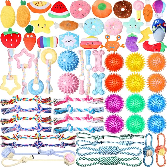 Syhood 60 Pcs Squeaky Dog Toys Bulk Christmas Stuffed Plush Chew Toys Puppy Teething Rope Cute Spiky Chew Ball for Christmas Small Dog Pet Teething Gift(Cute Style)