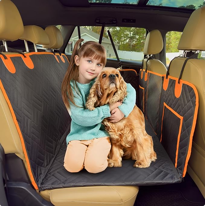 Burnt Orange Back Seat Extender for Dogs – Hard Bottom Dog Car Seat Cover, Waterproof & Non-Slip, Expands Back Seat Space, Mesh Window, Storage Pockets – Fits Cars, SUVs & Trucks