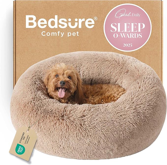 Bedsure Calming Dog Bed for Small Medium Dogs - Donut Washable Medium Puppy Bed, 27 inches Anti-Slip Round Fluffy Plush Faux Fur Pet Bed, Camel