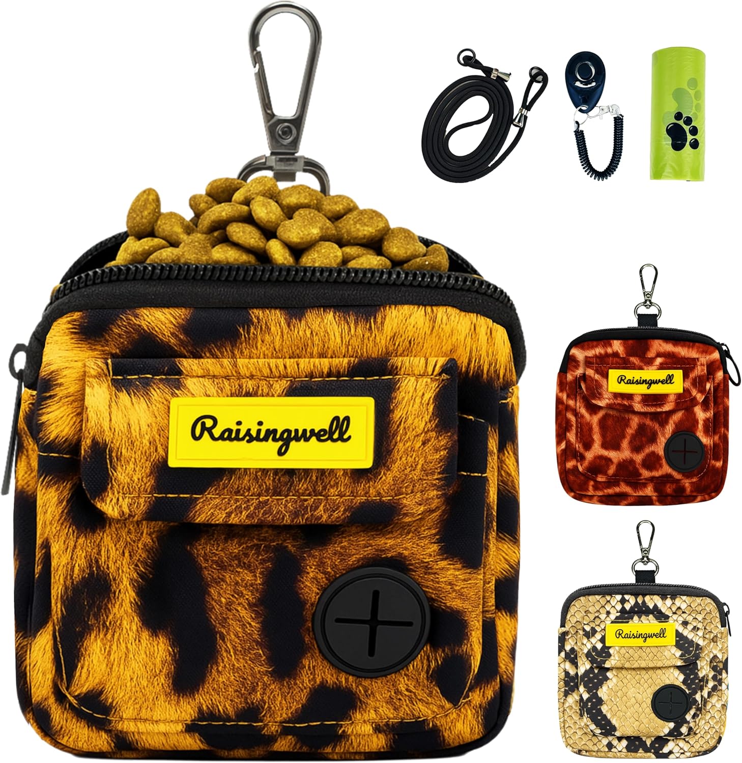 Dog Treat Pouch for Pet Walking and Training with Clicker Poop Bags and Double Bag Design Small Fanny Zipper Pack Holder for Puppy Snack Dispenser Kit for Leash and Outdoor Use Leopard Print