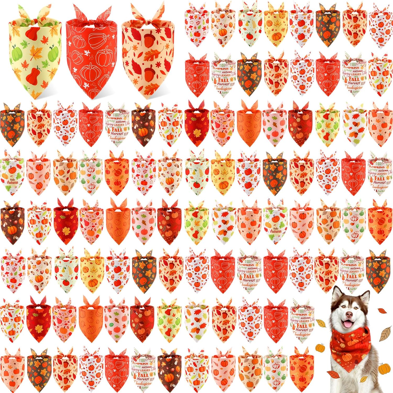Chunful 100 Pieces Fall Dog Bandanas Bulk Autumn Pet Bandanas with Pumpkin Patterns Triangle Scarf Bib Kerchief Set for Small Large Dog Thanksgiving Costume Accessories (31.5 x 21.7 x 21.7)