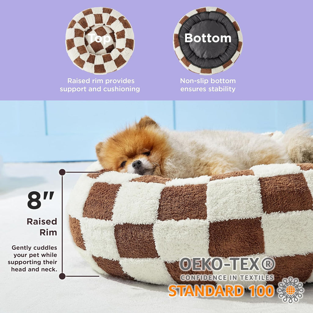 LE SURE Donut Small Dog Bed - Round Cat Beds for Indoor Cats Anti-Anxiety Calming Pet Beds, Washable Cute Modern Beds with Teddy Sherpa Plush & Anti Slip Bottom Brwon