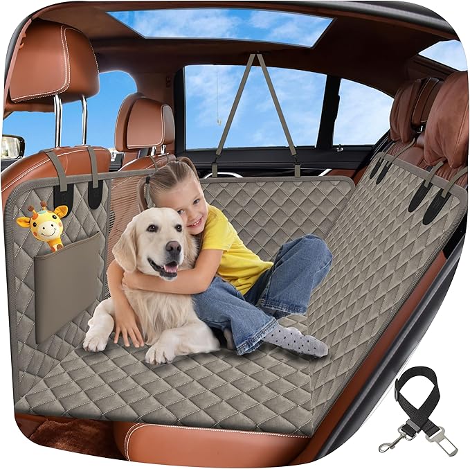 Back Seat Extender for Dogs, Hard Bottom Car Seat Cover for Dogs. Hammock Style, Large Space, Holds 420lbs, Sturdy, Waterproof for Car, SUV, Truck (Gray)
