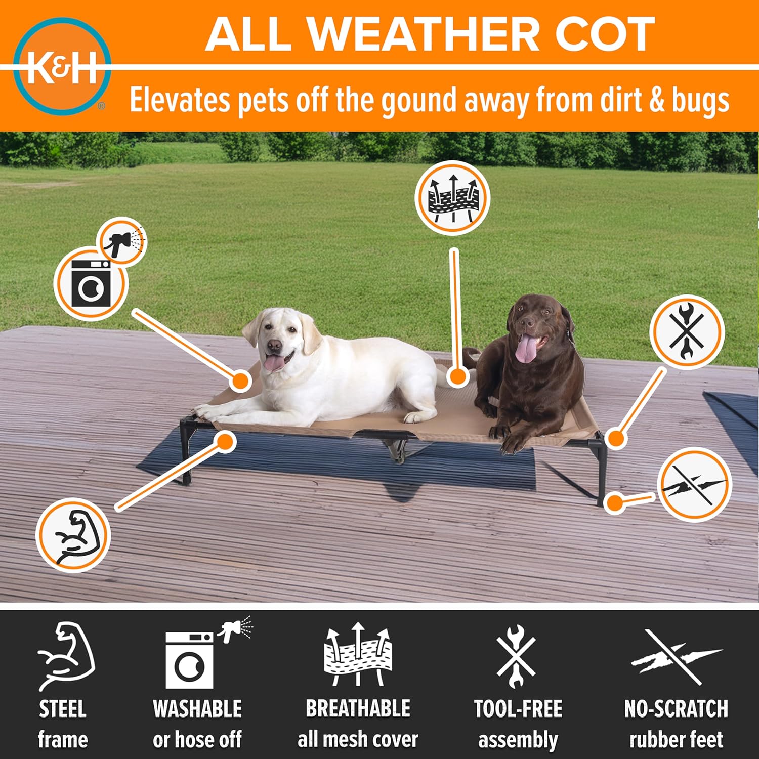 K&H Pet Products Outdoor Elevated Dog Cot, Cooling Raised Bed with Waterproof Breathable Mesh for Large Dogs, Portable Pet Bed with Heavy-Duty Metal Frame, Oversized Hammock Style - Extra-Large Tan