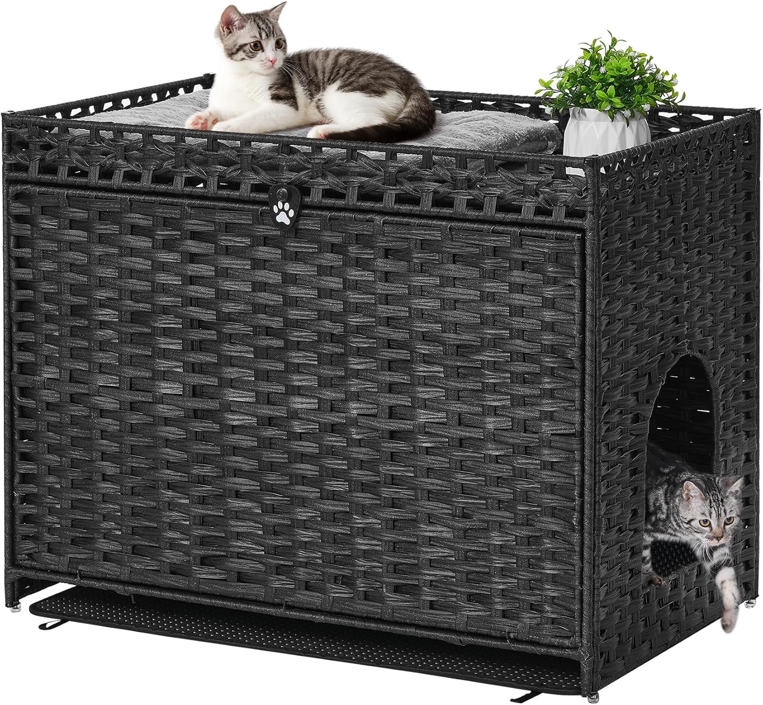 Cat Litter Box Enclosure with Soft Litter Mat; Hidden Cat Washroom Furniture with Door; Handwoven Rattan Cat House with Large Space; Pet Crate for Living Room, Bedroom, Balcony (Black)