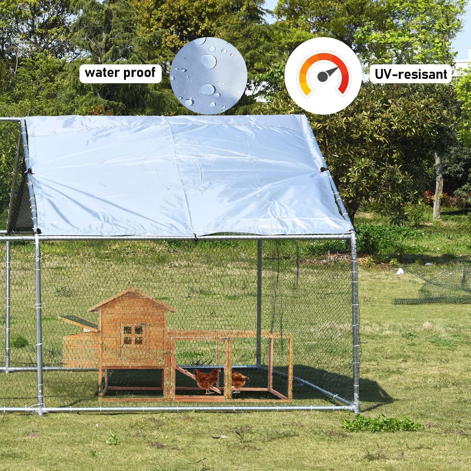 1.26’’ Large Metal Chicken Coop Walk in, Chicken Pen for Chickens, Outdoor Chicken Runs Coops Dog Kennel, Spire Roofed Chicken Runs for Yard with Anti-Ultraviolet Cover (9.8’Lx26.2’Wx6.4’H)