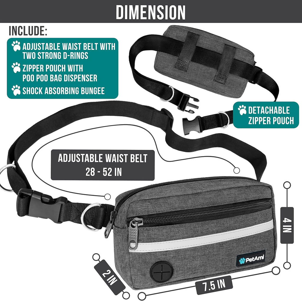 PetAmi Hands Free Dog Leash, Dog Running Leash Belt for Walking Jogging, Dog Waist Zipper Pouch Fanny Pack with Poop Bag Dispenser, Dual Padded Handle Bungee Leash for Small Medium Large Dogs, Double