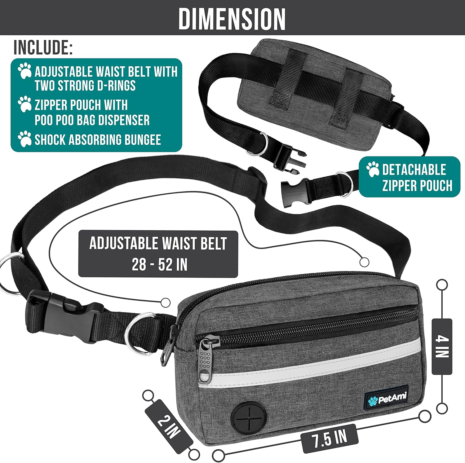 PetAmi Hands Free Dog Leash, Dog Running Leash Belt for Walking Jogging, Dog Waist Zipper Pouch Fanny Pack with Poop Bag Dispenser, Dual Padded Handle Bungee Leash for Small Medium Large Dogs, Double