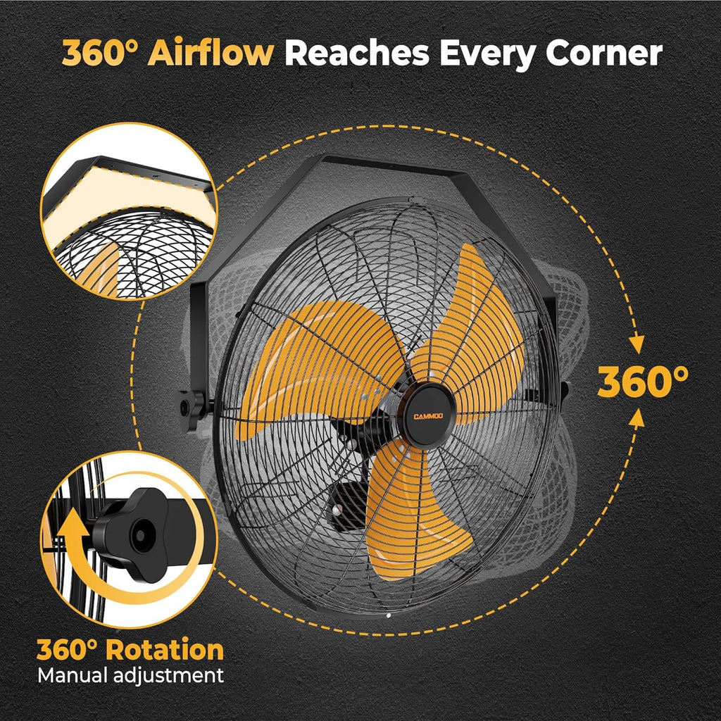 18 Inch Wall Mount Fan, Extended 6.6ft Power Cord, 360° Tilt Adjustment, 3-Speed, IP44 Industrial Commercial Wall Mounted Fan for Greenhouse, Garage, Workshop, Covered Patio, 2 Packs