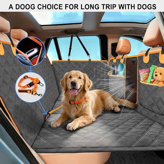 Hard Bottom Back Seat Extender for Dogs, Waterproof Dog Car Seat Cover, 420lb Support, 600D Heavy Duty Car Seat Protector Dog Hammock for Sedan, SUV, Small Truck(Black & Orange)