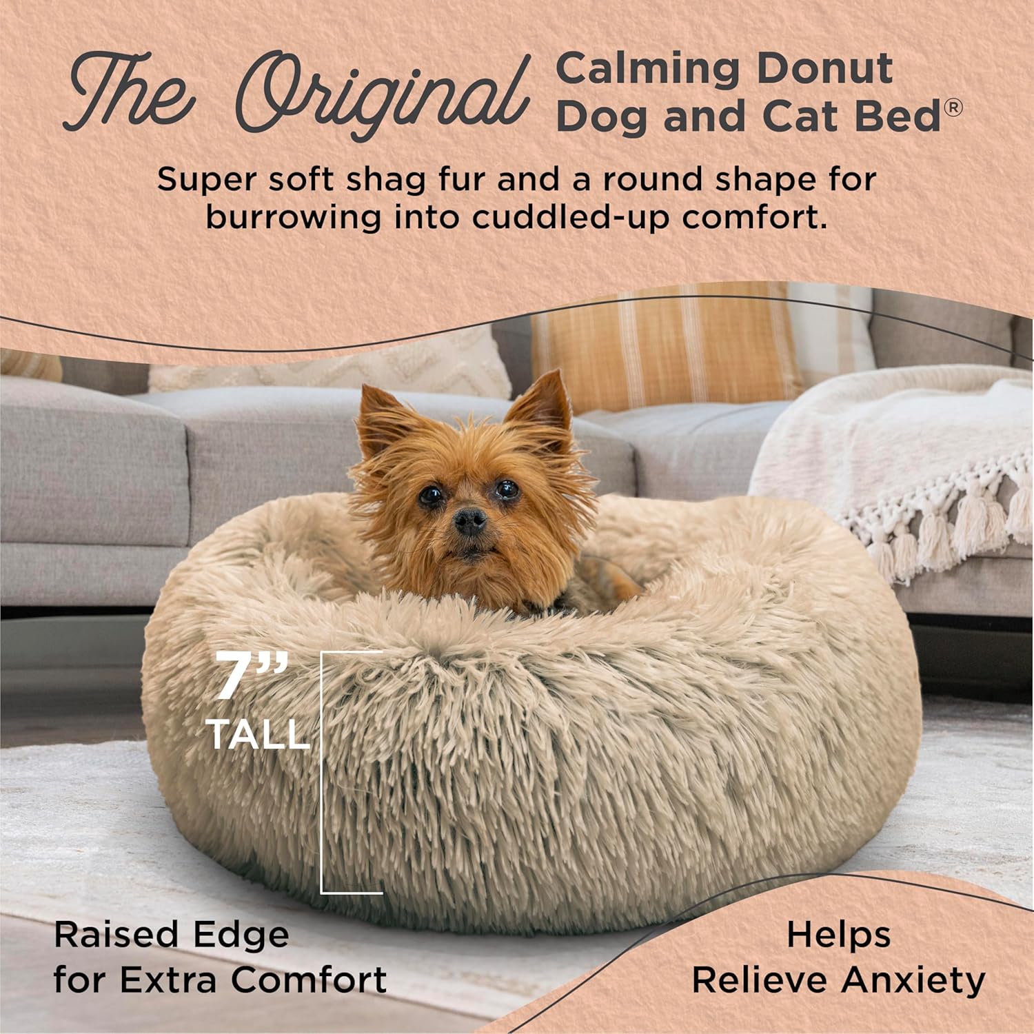 Best Friends by Sheri Original Calming Donut Dog and Cat Bed, Shag Faux Fur, Taupe, XS (18in x 18in) - Anxiety Relief for Pets Up to 10 lbs
