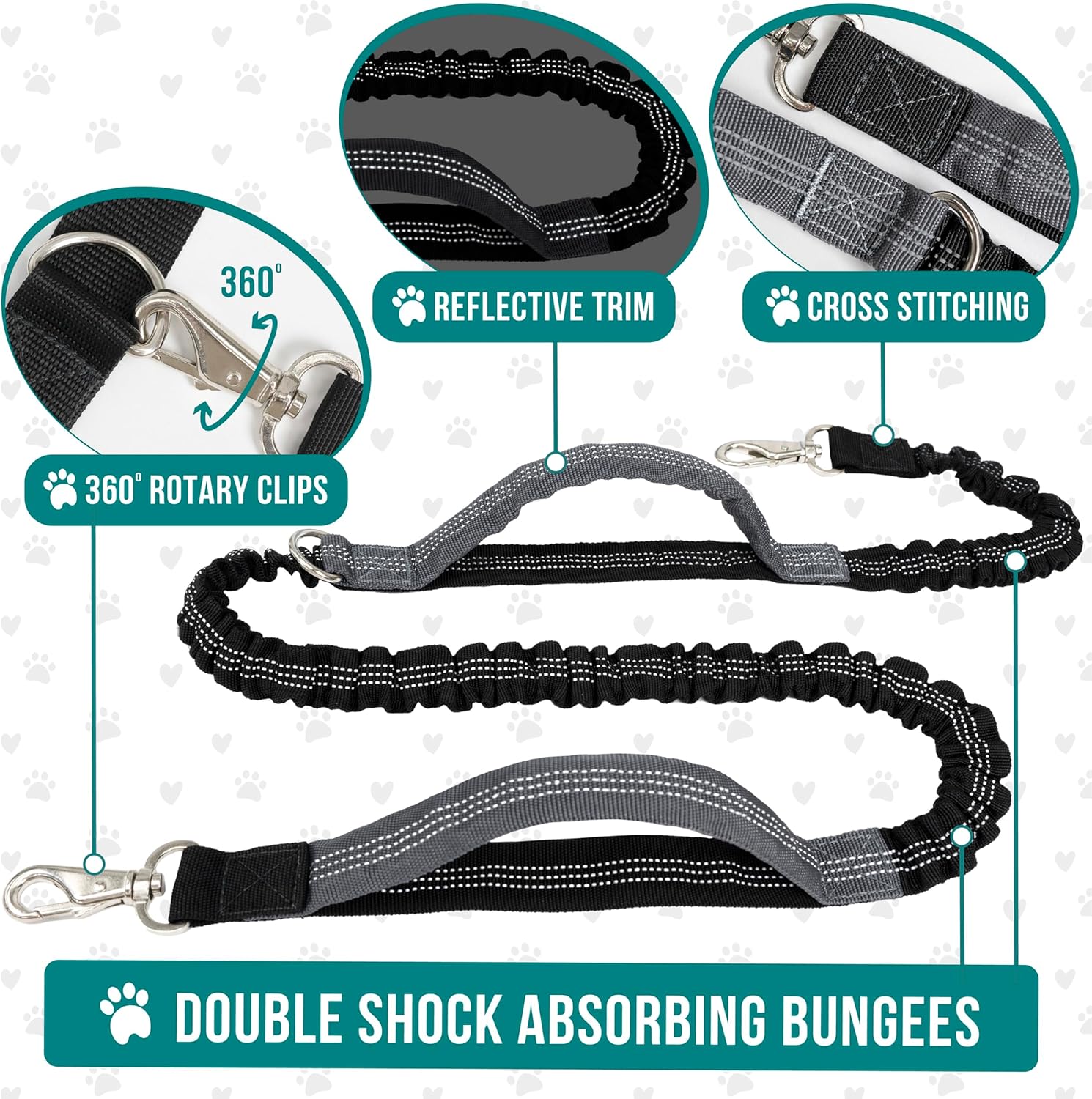 PetAmi Hands Free Dog Leash, Running Leash Belt Walking, Jogging, Waist Zipper Pouch with Poop Bag Dispenser, Dual Padded Handles, Reflective Durable Bungee Single, Heather Grey, 1 Leash