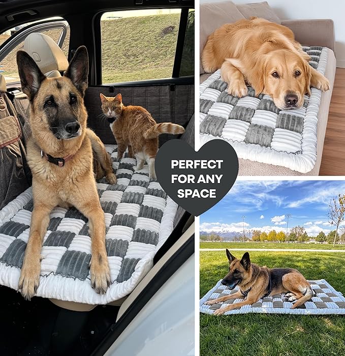 APetsPlanet Dog Bed for Car Back Seat Extender - Non-Slip Backseat Cushion for Dogs - Travel Plush Pet Mat Topper for Cars, Trucks, SUVs - Machine Washable Pad Blanket - Grey Plaid, 54" x 24.8"