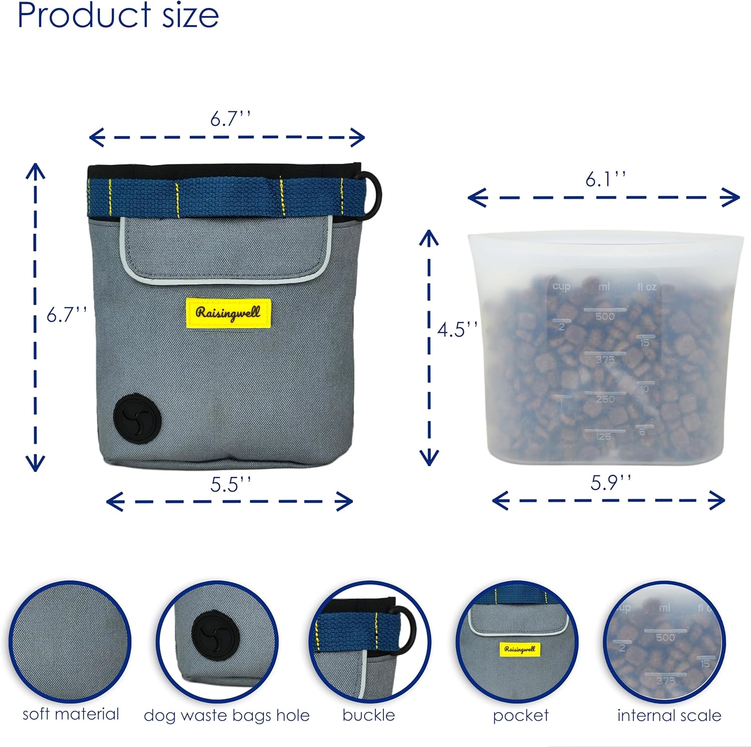 Dog Treat Pouch for Pet Walking and Training with Clicker 2 Cup Silicone Bag Small Fanny Pack Holder for Puppy Snack Dispenser Kit for Leash and Outdoor Use (Gray)